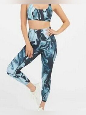 SPANX High-Waist Marble-Effect Leggings and Marching Top in Teal and Navy